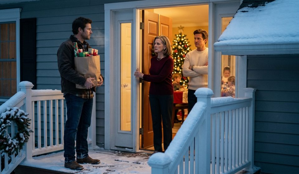 A ranch owner holding Christmas gifts stands outside his parents' decorated home as his mother and brother refuse to welcome him inside.
