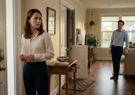 A concerned 32-year-old woman stands inside her suburban home, noticing a slightly open door and misplaced belongings while her husband remains in the background.