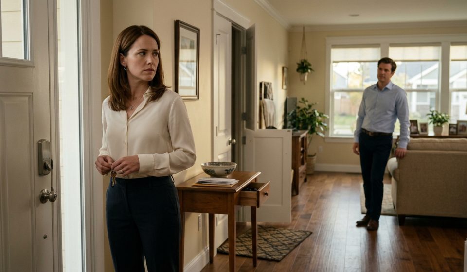 A concerned 32-year-old woman stands inside her suburban home, noticing a slightly open door and misplaced belongings while her husband remains in the background.