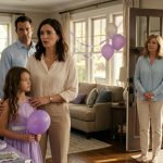 A mother stands beside her disappointed ten-year-old daughter at a purple-and-silver birthday party as the grandparents arrive without a gift.