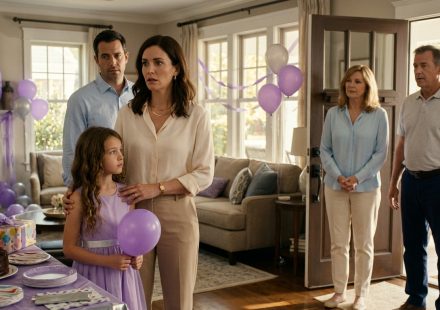A mother stands beside her disappointed ten-year-old daughter at a purple-and-silver birthday party as the grandparents arrive without a gift.