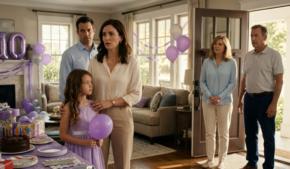 A mother stands beside her disappointed ten-year-old daughter at a purple-and-silver birthday party as the grandparents arrive without a gift.