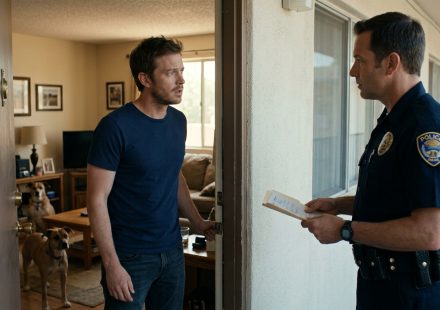 A surprised 32-year-old man stands in his apartment doorway speaking to a uniformed police officer holding official paperwork, with two dogs nearby.