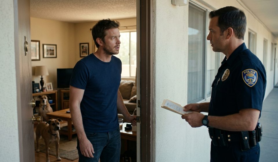 A surprised 32-year-old man stands in his apartment doorway speaking to a uniformed police officer holding official paperwork, with two dogs nearby.