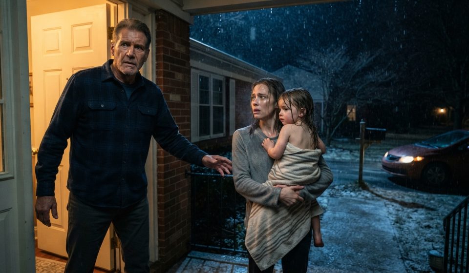 Father opening his door as his daughter arrives holding his soaked three-year-old granddaughter on a freezing December night
