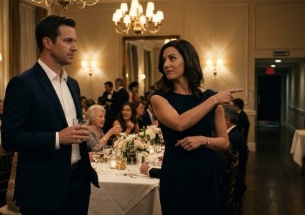 Ryan holding a bourbon glass as his sister-in-law Melissa smugly directs him away from the main family table during an elegant restaurant celebration.