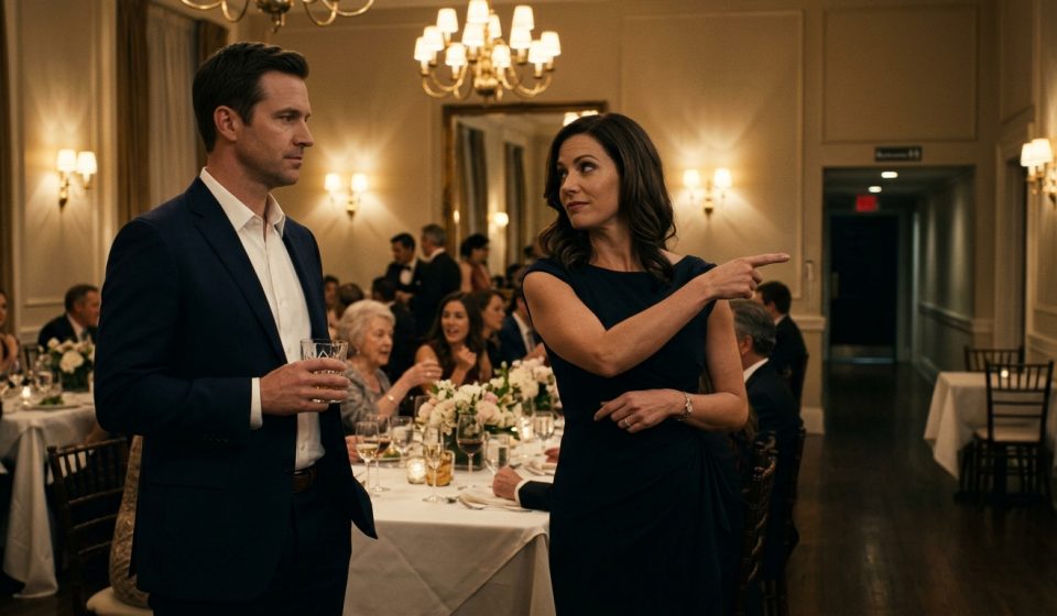 Ryan holding a bourbon glass as his sister-in-law Melissa smugly directs him away from the main family table during an elegant restaurant celebration.