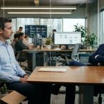 An experienced software engineer calmly faces his manager across a conference table during a termination meeting about automation replacing his job.