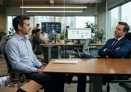 An experienced software engineer calmly faces his manager across a conference table during a termination meeting about automation replacing his job.