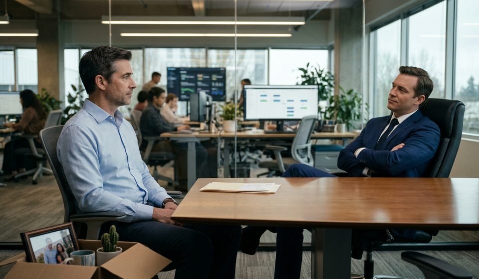 An experienced software engineer calmly faces his manager across a conference table during a termination meeting about automation replacing his job.