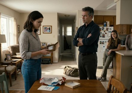 A shocked 21-year-old woman opens a birthday gift box containing a one-way bus ticket to Denver while her father stands with crossed arms and her sister smirks.
