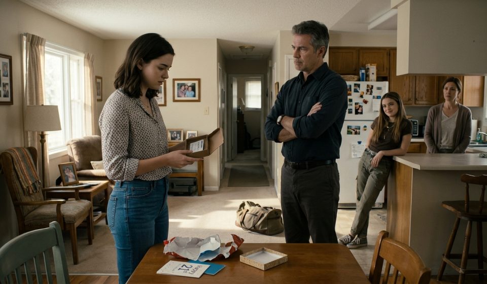 A shocked 21-year-old woman opens a birthday gift box containing a one-way bus ticket to Denver while her father stands with crossed arms and her sister smirks.