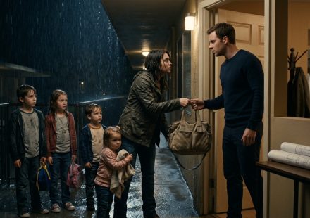 A young man opens his apartment door late at night to find his sister standing in the rain with four young children and a diaper bag.