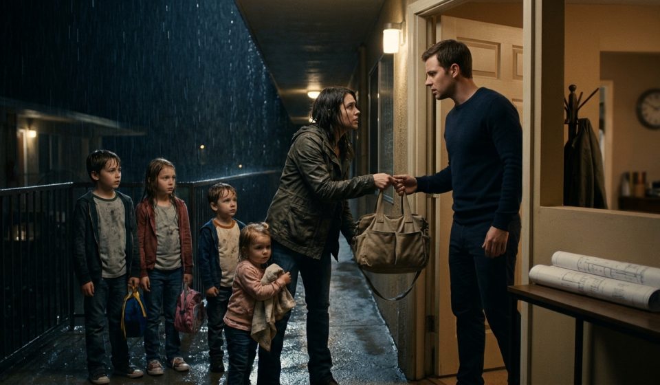 A young man opens his apartment door late at night to find his sister standing in the rain with four young children and a diaper bag.