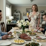 Brennan Yates looks shocked at Easter brunch as his mother announces the $190,000 sale of his house while his sister Corinne smiles across the table.