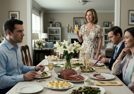 Brennan Yates looks shocked at Easter brunch as his mother announces the $190,000 sale of his house while his sister Corinne smiles across the table.