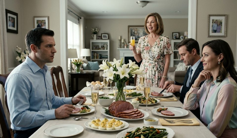 Brennan Yates looks shocked at Easter brunch as his mother announces the $190,000 sale of his house while his sister Corinne smiles across the table.