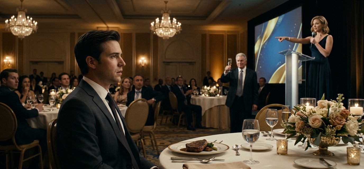 Jake sits silently at a hotel ballroom table as his wife Caroline publicly humiliates him during her corporate promotion celebration.