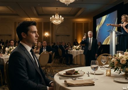 Jake sits silently at a hotel ballroom table as his wife Caroline publicly humiliates him during her corporate promotion celebration.