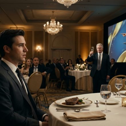 Jake sits silently at a hotel ballroom table as his wife Caroline publicly humiliates him during her corporate promotion celebration.