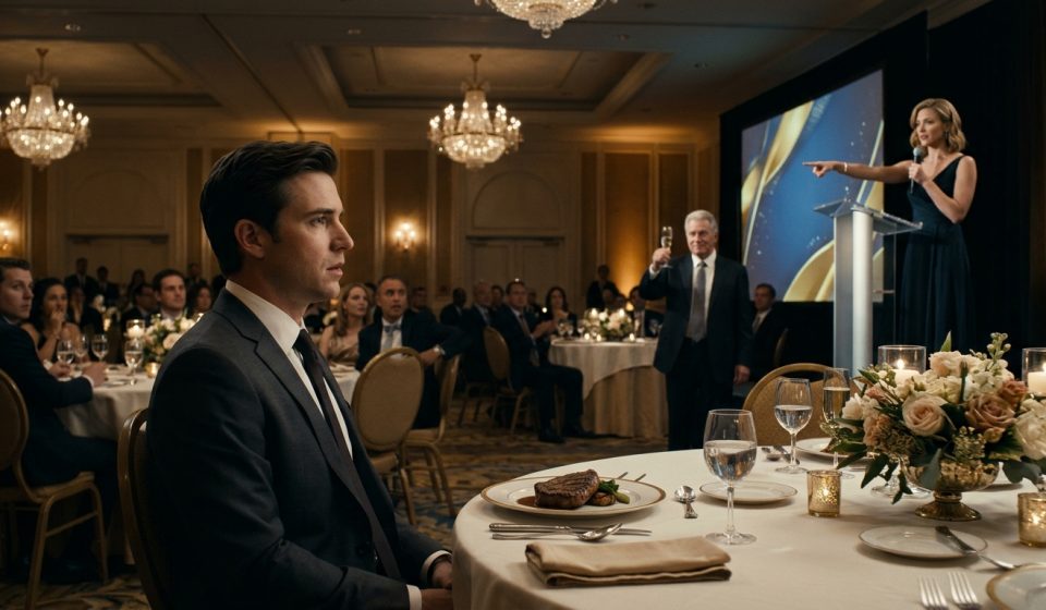 Jake sits silently at a hotel ballroom table as his wife Caroline publicly humiliates him during her corporate promotion celebration.
