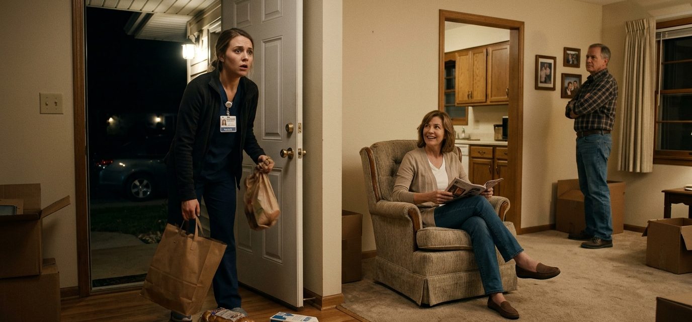 Olivia, a young nurse, stands shocked in the doorway of her first house after discovering her parents sitting inside without permission.