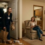 Olivia, a young nurse, stands shocked in the doorway of her first house after discovering her parents sitting inside without permission.