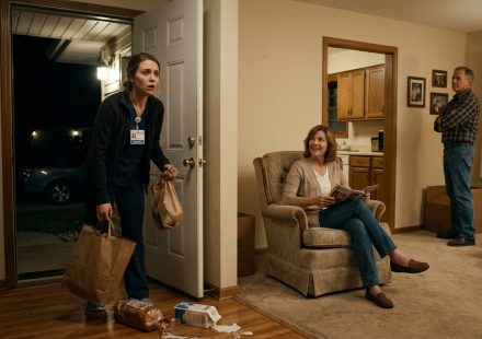 Olivia, a young nurse, stands shocked in the doorway of her first house after discovering her parents sitting inside without permission.