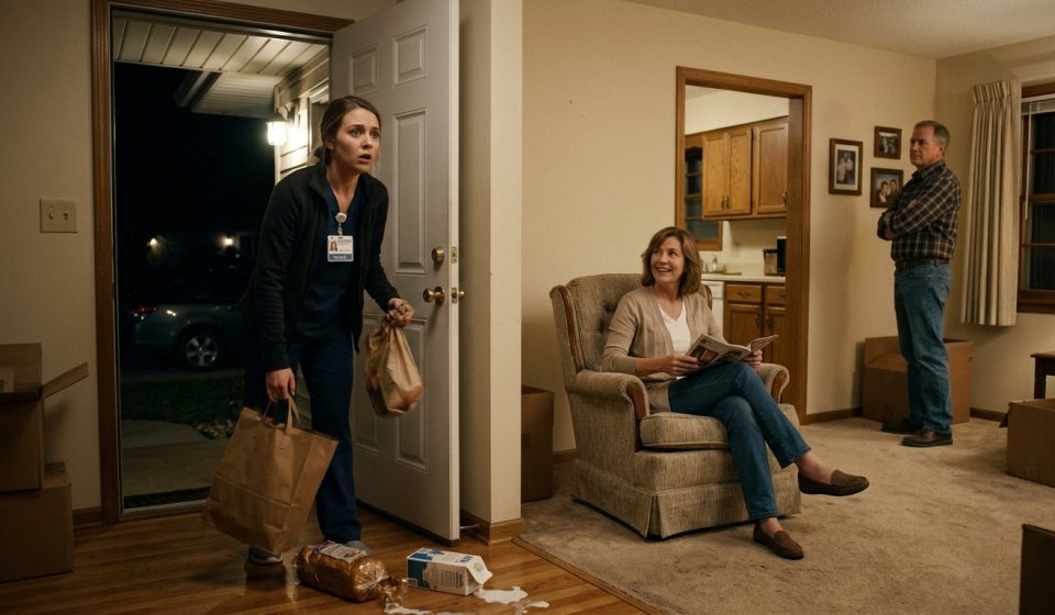 Olivia, a young nurse, stands shocked in the doorway of her first house after discovering her parents sitting inside without permission.