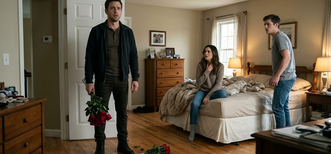 A shocked man holding red roses discovers his fiancée and younger brother together in his bedroom, realizing that his trust has been betrayed.