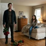 A shocked man holding red roses discovers his fiancée and younger brother together in his bedroom, realizing that his trust has been betrayed.