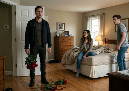 A shocked man holding red roses discovers his fiancée and younger brother together in his bedroom, realizing that his trust has been betrayed.