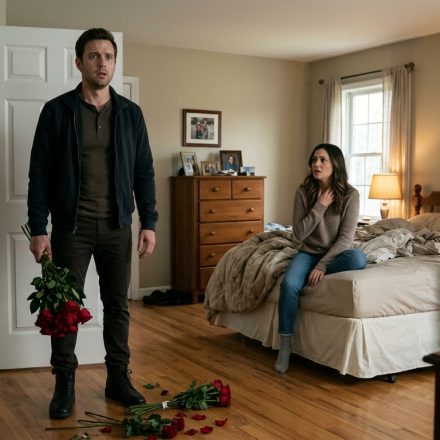 A shocked man holding red roses discovers his fiancée and younger brother together in his bedroom, realizing that his trust has been betrayed.