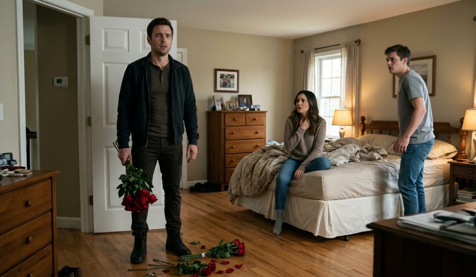 A shocked man holding red roses discovers his fiancée and younger brother together in his bedroom, realizing that his trust has been betrayed.