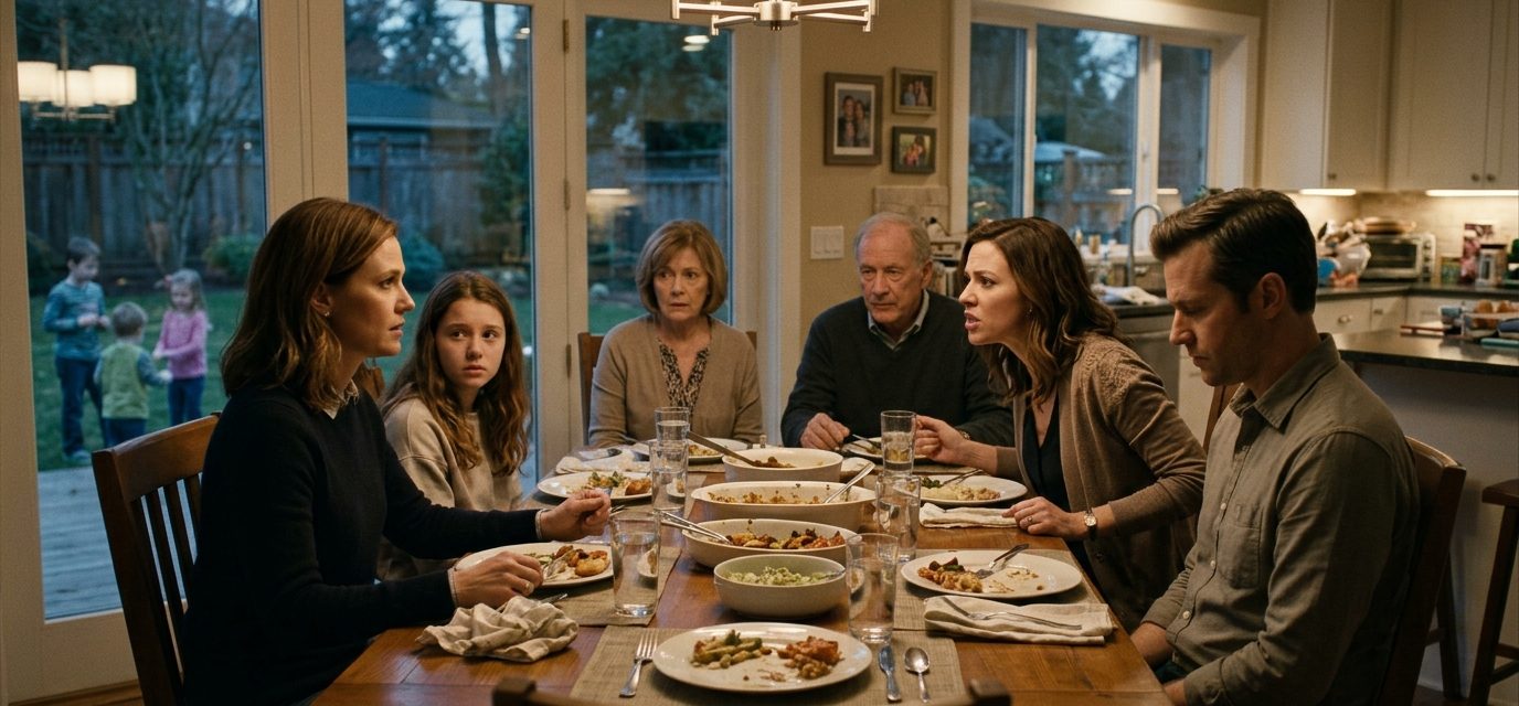 A mother and her teenage daughter look worried at a family dinner as her younger sister demands that she cancel their planned Japan vacation to babysit.