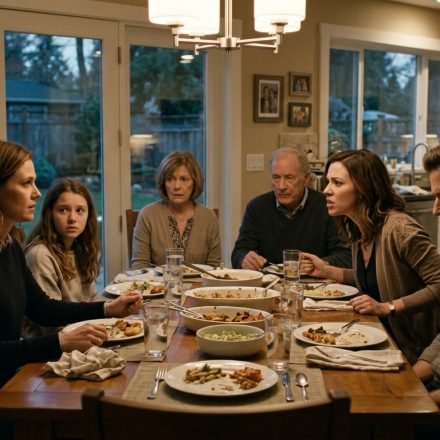 A mother and her teenage daughter look worried at a family dinner as her younger sister demands that she cancel their planned Japan vacation to babysit.