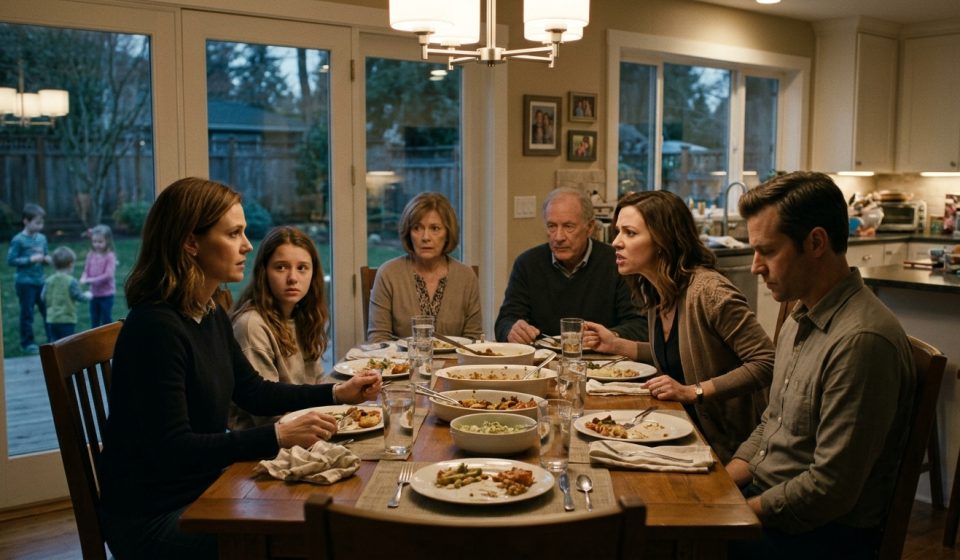 A mother and her teenage daughter look worried at a family dinner as her younger sister demands that she cancel their planned Japan vacation to babysit.