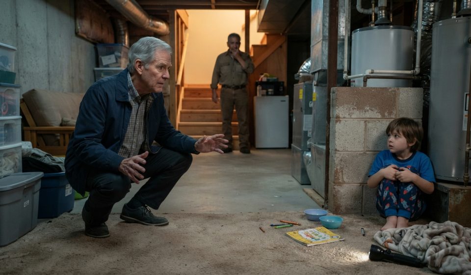 A retired pediatric emergency professional cautiously approaches a frightened young boy hiding beside a water heater in a residential basement.