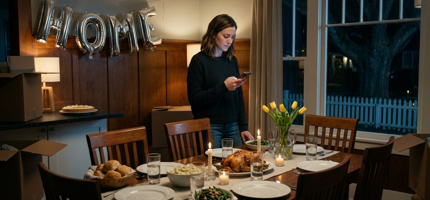 Madison stands alone beside a dining table prepared for five guests in her newly purchased dream home, surrounded by untouched food and housewarming decorations.