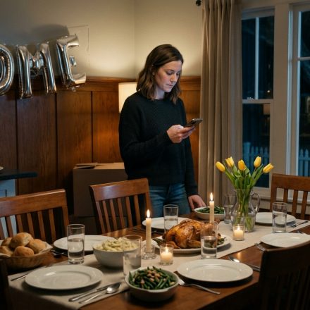 Madison stands alone beside a dining table prepared for five guests in her newly purchased dream home, surrounded by untouched food and housewarming decorations.