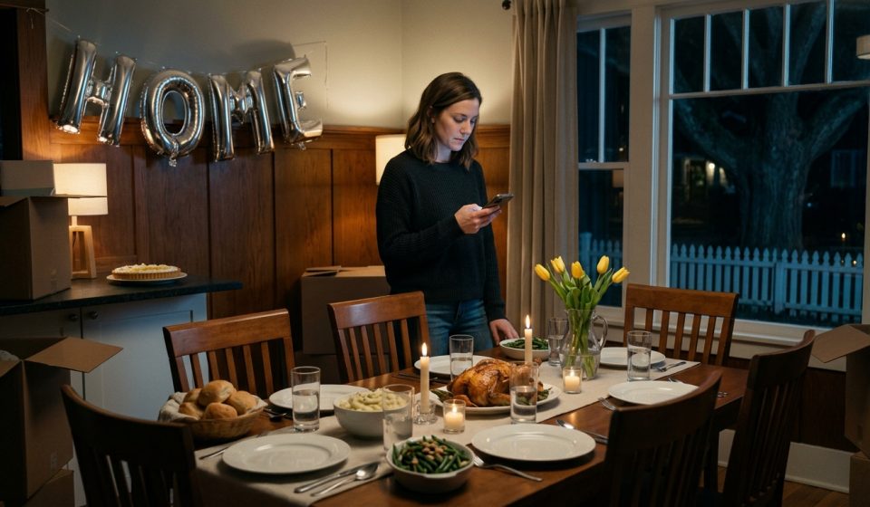 Madison stands alone beside a dining table prepared for five guests in her newly purchased dream home, surrounded by untouched food and housewarming decorations.