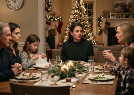 Mother making a serious Christmas announcement while her daughter and young grandchildren sit around the family dinner table.