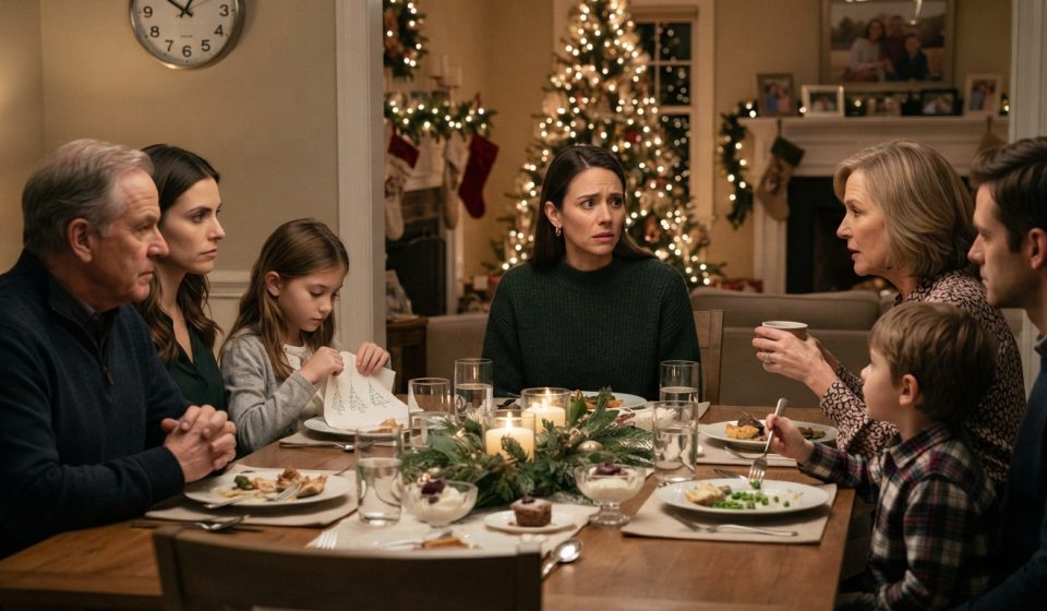 Mother making a serious Christmas announcement while her daughter and young grandchildren sit around the family dinner table.