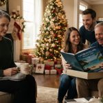 A 64-year-old mother holding gray socks during a Christmas gift exchange while her daughter's in-laws celebrate receiving a luxury vacation.