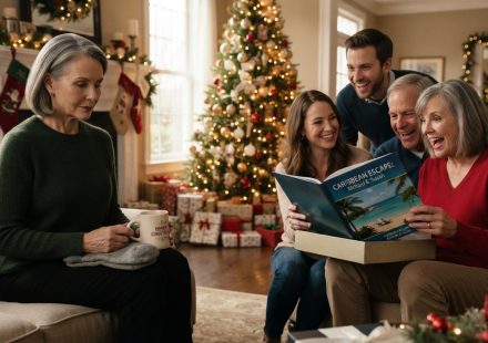 A 64-year-old mother holding gray socks during a Christmas gift exchange while her daughter's in-laws celebrate receiving a luxury vacation.