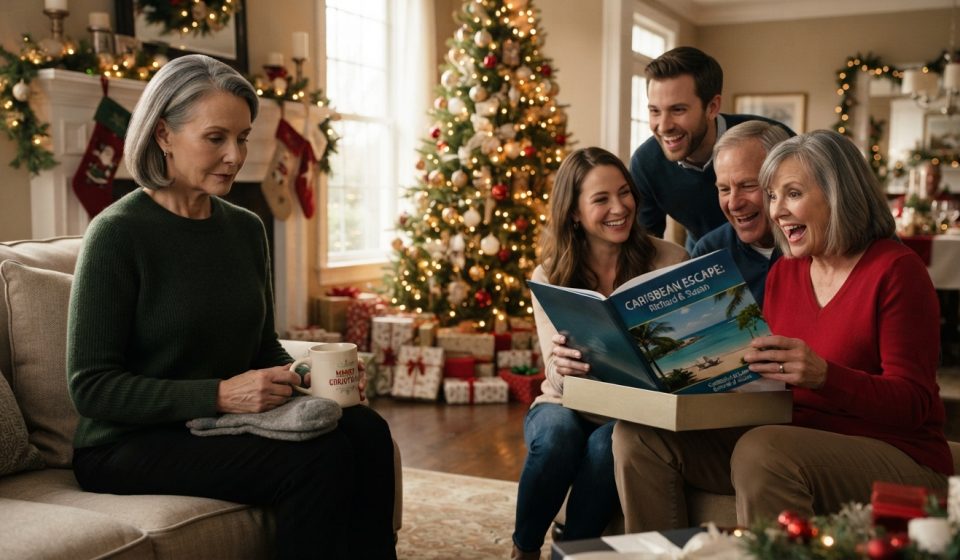 A 64-year-old mother holding gray socks during a Christmas gift exchange while her daughter's in-laws celebrate receiving a luxury vacation.