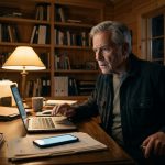 A concerned 68-year-old father holding his phone in a dark cabin study after receiving an alarming late-night voice message.