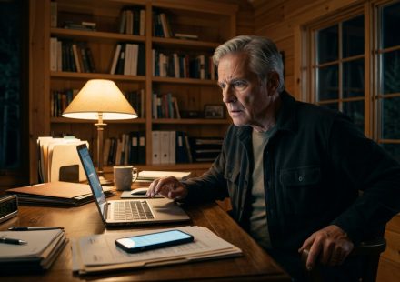 A concerned 68-year-old father holding his phone in a dark cabin study after receiving an alarming late-night voice message.