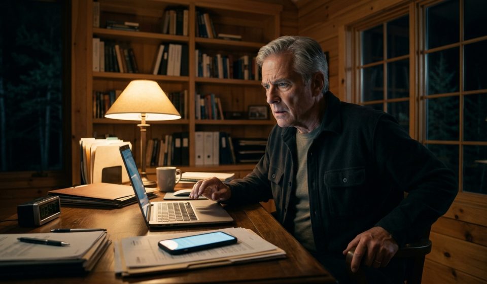 A concerned 68-year-old father holding his phone in a dark cabin study after receiving an alarming late-night voice message.