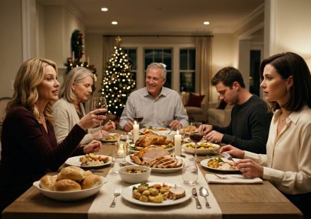 A stunned 32-year-old woman sits at a family dinner table while her sister raises a wine glass and their parents watch the uncomfortable exchange.